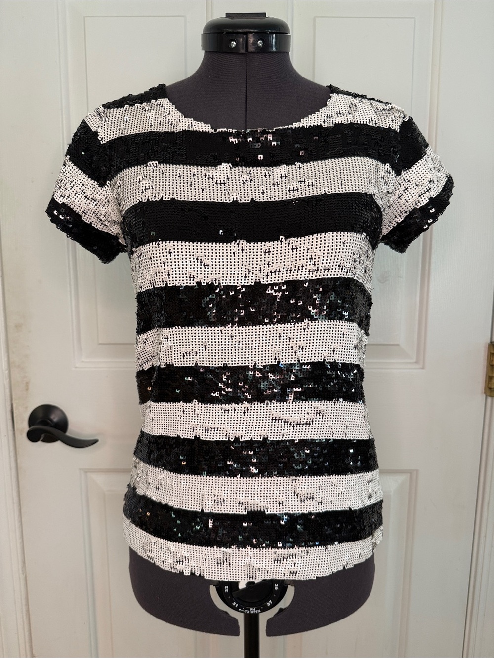 Alice + Olivia Black and White Sequin Striped Short Sleeve Top